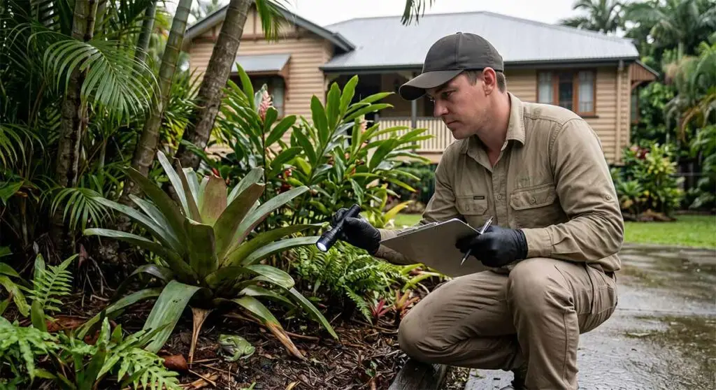 Pest control technician checking for native wildlife before treatment in Cairns
