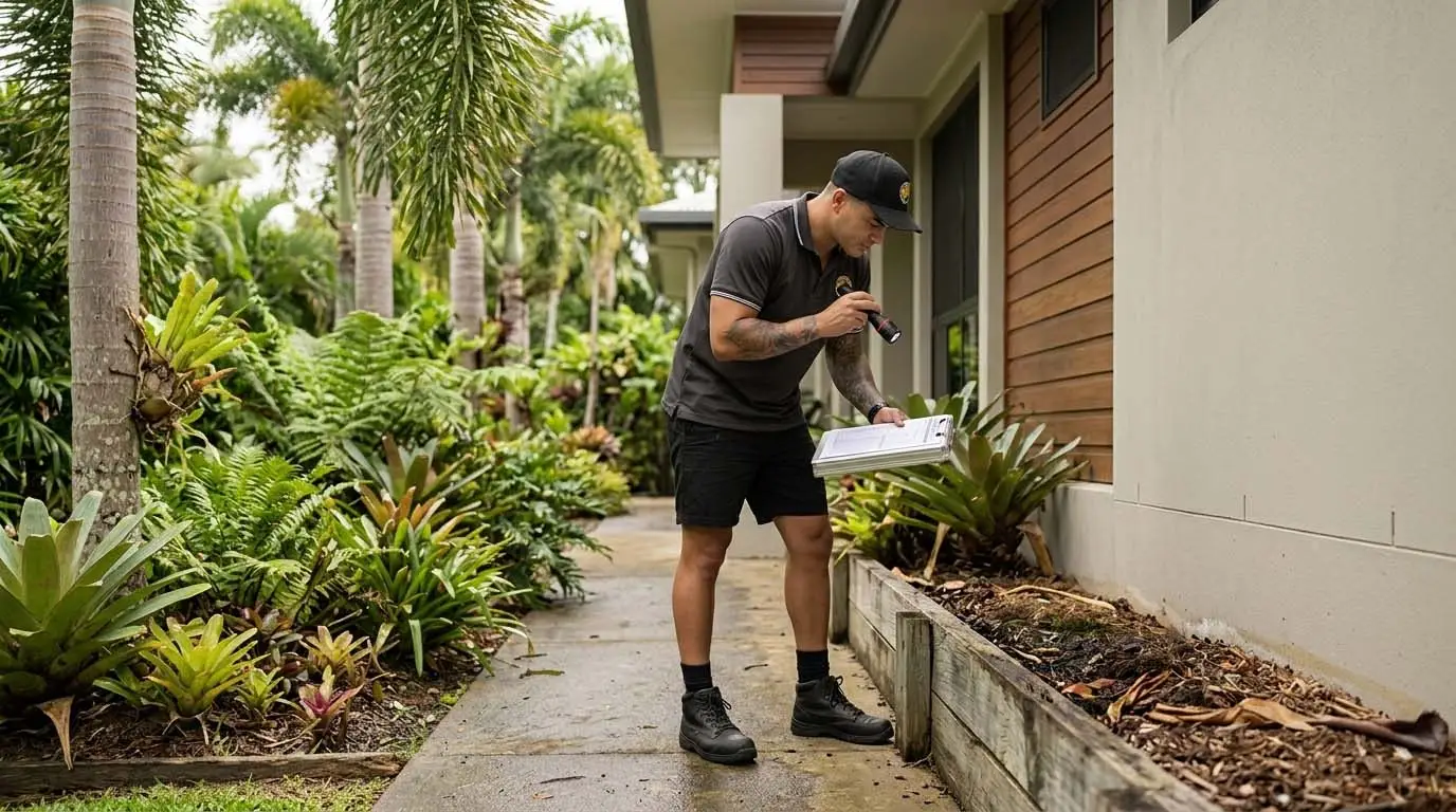 Professional pest control technician inspecting a tropical Cairns home during wet season conditions.