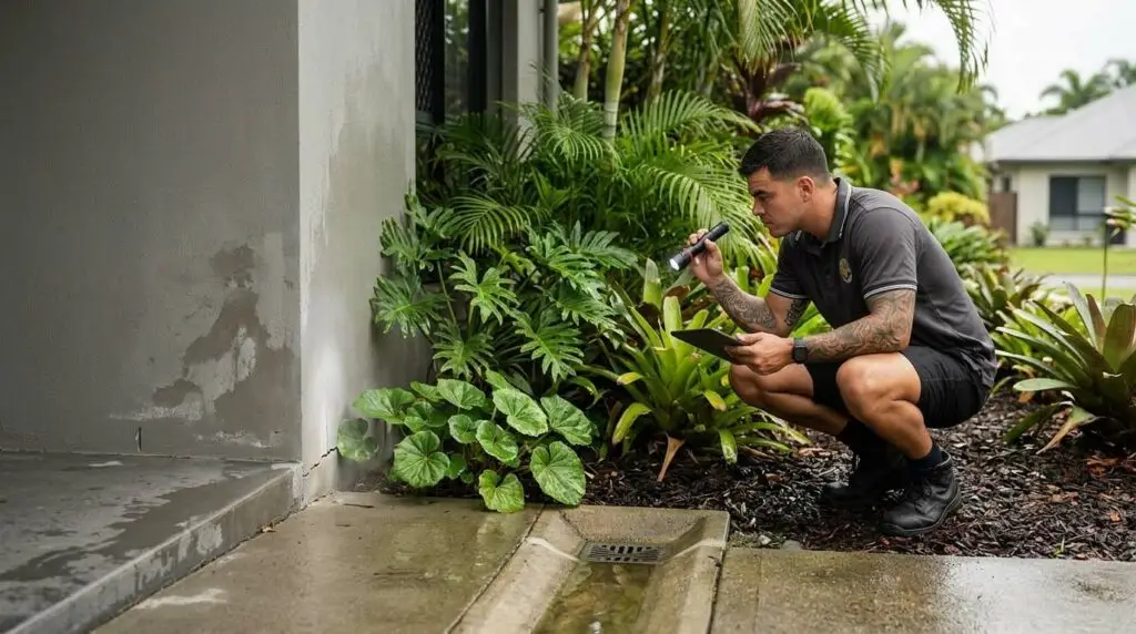 Tropical Cairns backyard with standing water and damp garden areas after wet season rain.